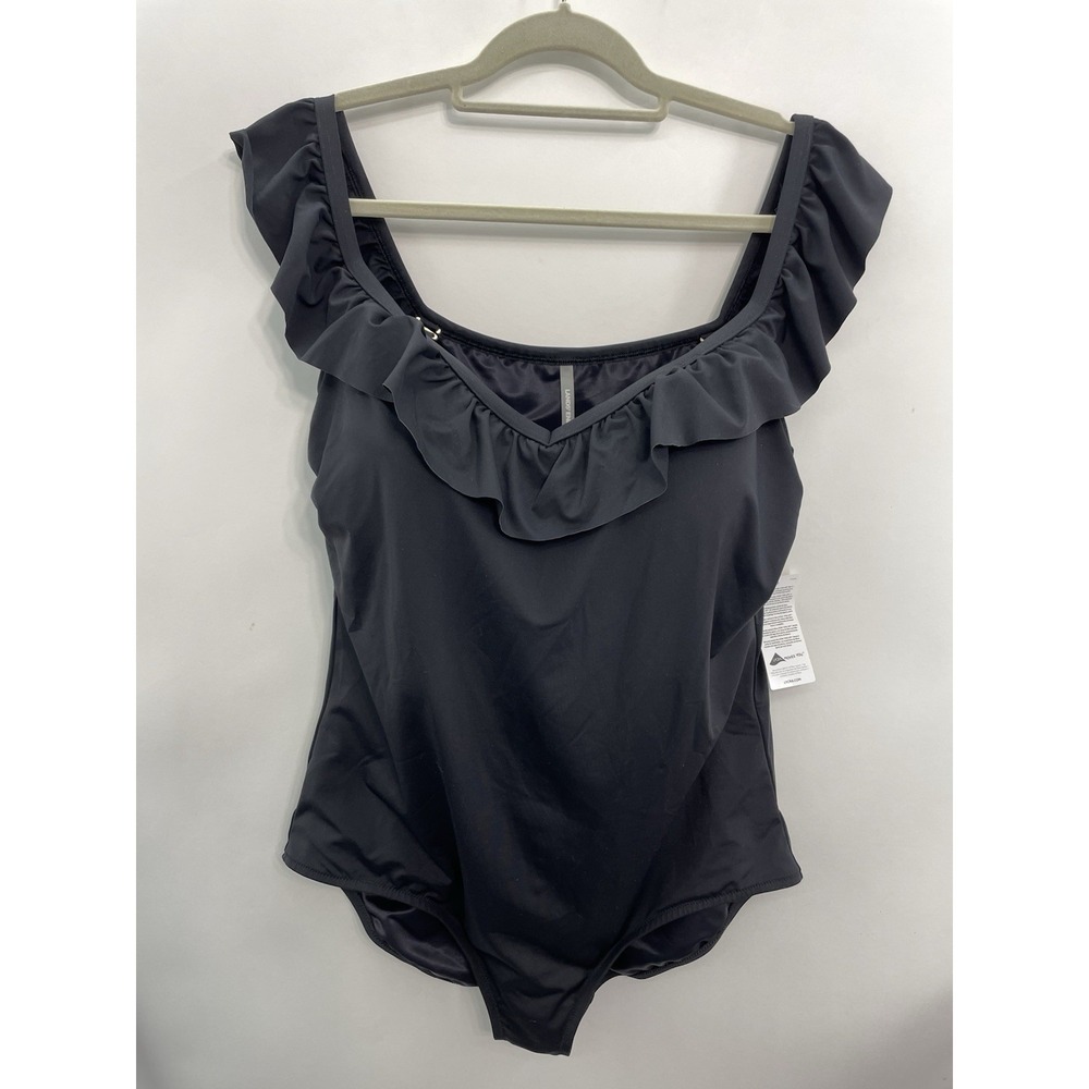 Lands End Ruffle V-Neck One-Piece Swimsuit On Off Shoulder Stretch Black 18 D